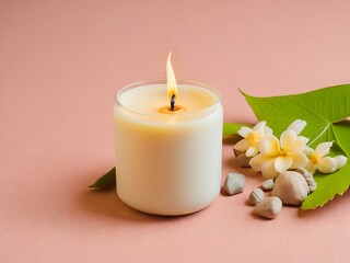 Obraz na płótnie Canvas Vanilla burning candle on beige background. Warm aesthetic composition with stones and dry flowers. Generative AI