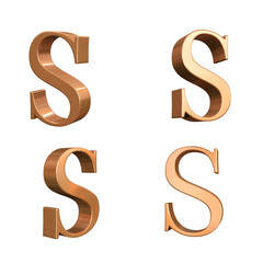 Golden alphabet capital letters S, 3d font render with 4 different angle, isolated white background ready to use for graphic design purposes