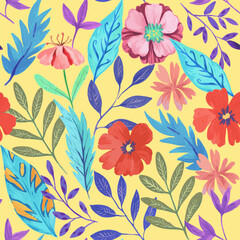 Fototapeta na wymiar Seamless pattern with abstract red colorful flowers and various botanical elements. Hand drawn vector illustration.