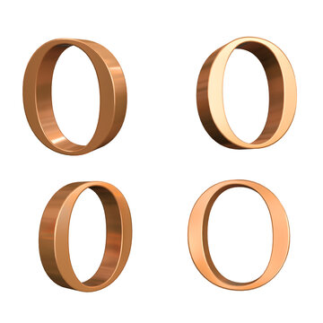 Golden alphabet capital letters O, 3d font render with 4 different angle, isolated white background ready to use for graphic design purposes