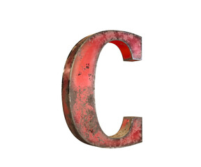 3d font letter C made of red metal and rusty