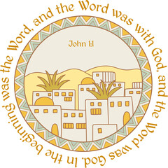 Bible for children illustration. John 1:1 NIV biblical verse around ancient city