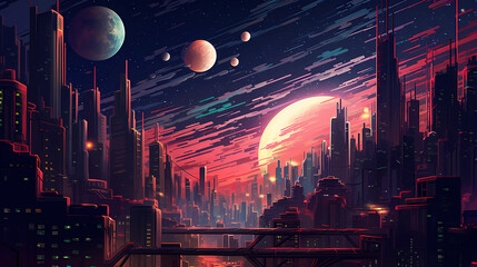 Obraz premium Futuristic Cityscape Sunset Generative AI