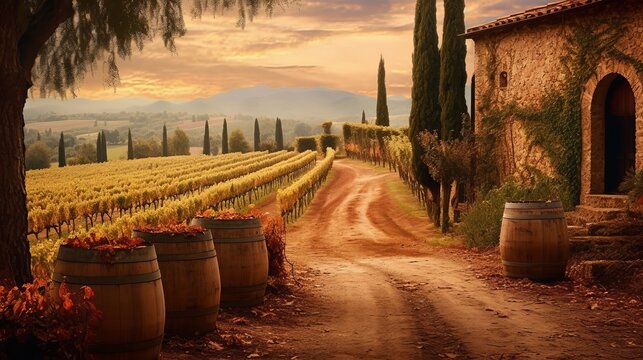 Outdoor View of Vineyards at Sunset
