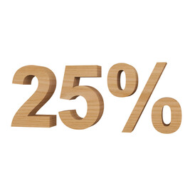 wooden number 25 % made of wood, 3d font ready to use for graphic design with isolated white background