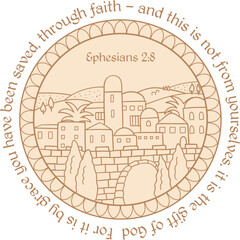 Oriental biblical city mandala with bible verse Ephesians 2:8 NIV decorative verse