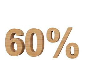 rendering of a sign 60% made of wood. 3d font for discount or promotion 