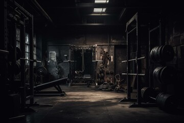 Fototapeta na wymiar Dark background gym with barbells and machines. Generative AI