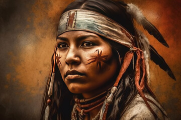 Beautiful art of native american indian woman poster. Fictitious person. An image with a fictional person, not based on real people. Generative AI