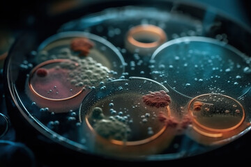 Macro close up shot of bacteria and virus cells in a scientific laboratory petri dish. Generative AI