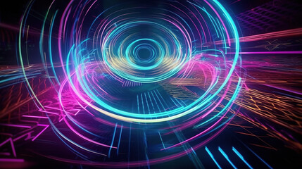 3d abstract futuristic neon background with spinning glowing lines, speed of light, ultra violet rays, twisted electromagnetic vortex. Generative AI
