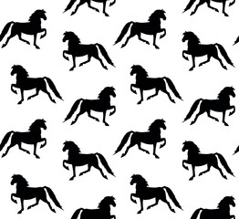 Vector seamless pattern of hand drawn American Saddlebred horse silhouette isolated on white background