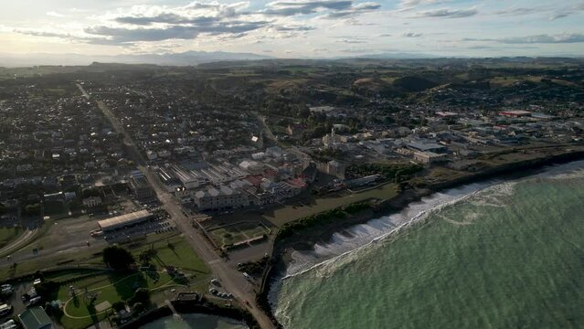 Oamaru, New Zealand Aerial Cityscape. Wide of seaside and populated area in New Zealand town.
