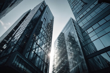 Low angle image of typical contemporary office towers, tall structures with glass facades. Financial and economic foundation concepts. Generative AI