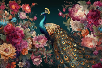 Exotic oriental pattern with peacocks and flowers in bright colors. Generative AI