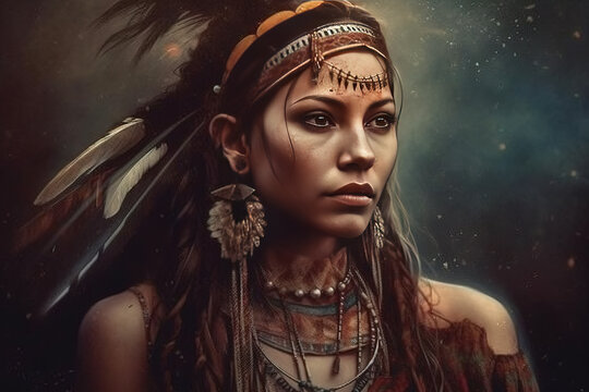 Beautiful art of native american indian woman poster. Fictitious person. An image with a fictional person, not based on real people. Generative AI