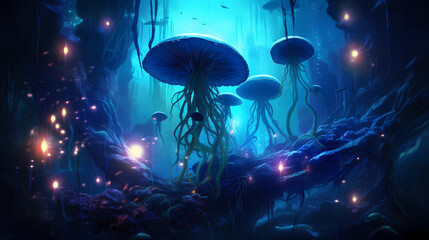 Fototapeta na wymiar Underwater Bioluminescent World Generative AI
