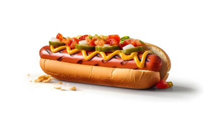 Hot dog with toppings isolated on white background with copy space