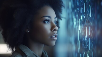 Young black woman with wonder, curiosity, looking at holographic digital display, futuristic technology, innovation. Generative AI AIG20.