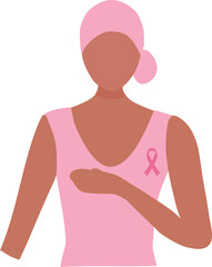 ฺBreast cancer awareness for love and support. Beautiful young women touching her breast with pink ribbon brooch vector illustration. Breast cancer concept background