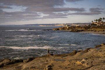 2022-08-27 LA JOLLA SHORELINE WITH LIFEGUARD STATION WAVES AND PALM TREES NEAR SAN DIEGO CALIFORNIA