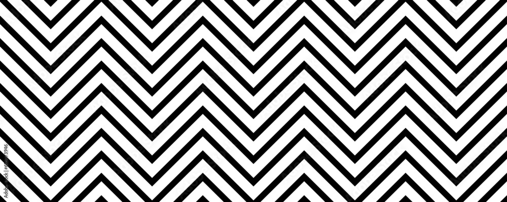 Poster Zig zag seamless pattern. Black and white herringbone ornament background. Repeating chevron motif texture with diagonal lines. Textile design template swatch. Vector illustration