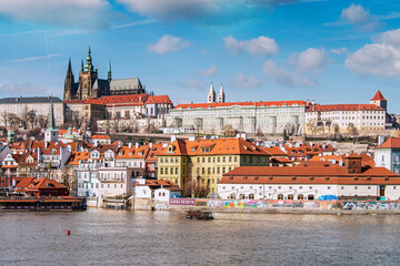 Fototapeta na wymiar View of Prague's Castel from Charles Bridge or or Old Town Bridge Tower.. Prague, Czech Republic, 2018