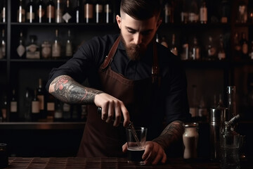 Professional bartender in dark apron pours drink from shaker into glass. Generative AI