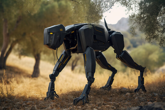 A quadruped biomechanical robot also known as robot dog with a camera. Generative AI