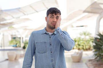 young handsome man feeling bored, frustrated and sleepy after a tiresome, dull and tedious task, holding face with hand