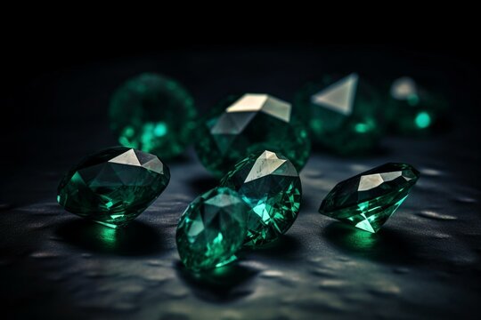 Luxurious Green Diamonds On Dark Background. High Value Concept. PNG Format. Generative AI