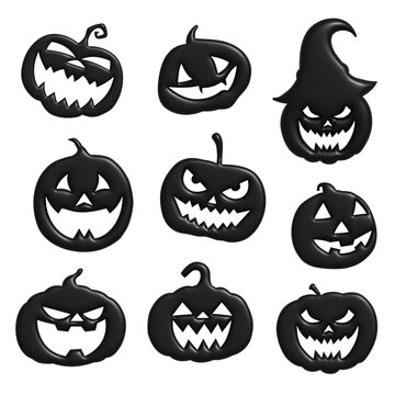 Collection of Halloween pumpkins carved faces silhouettes png file transpar. Black isolated halloween pumpkin face patterns on Orange. Scary and funny faces of Halloween pumpkin or ghost. illustration