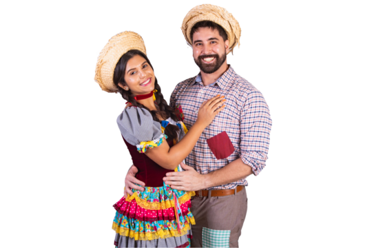 brazilian couple, clothes from festa junina, arraial, festa de são joão. boyfriend and girlfriend, kissing booth. love. Embraced.