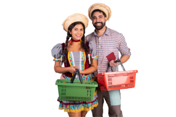 brazilian couple, clothes from festa junina, arraial, festa de são joão. boyfriend and girlfriend. with market basket, shopping.