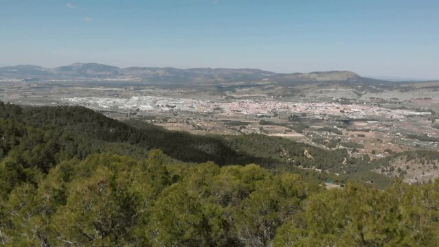 Flying drone through trees towards Ibi, Alicante, Spain