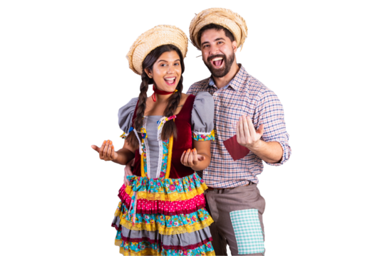 brazilian couple, clothes from festa junina, arraial, festa de são joão. boyfriend and girlfriend. inviting hands. - Powered by Adobe