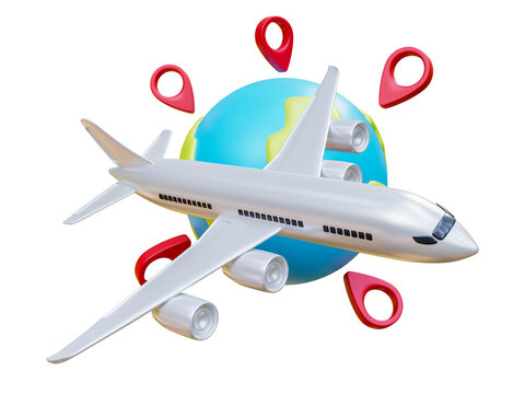 Vacation and travel. 3D globe pin map location with flight plane travel tourism trip planning world tour. Leisure holiday concept. 3d rendering