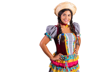 Brazilian woman, clothes from Festa Junina, Arraial, Festa de Sao Joao. hands on waist.