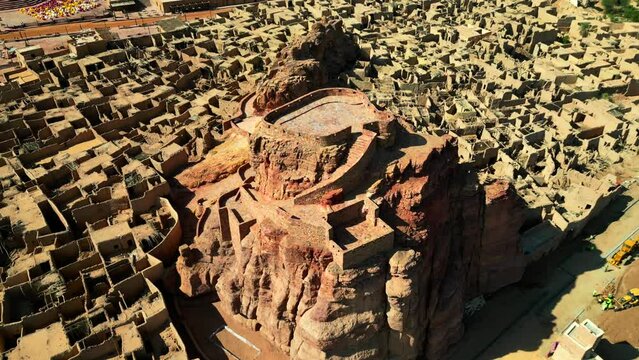 Drone shot castle or fortress in AlUla ancient city in Saudi Arabia