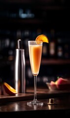 alcohol drink Bellini Cocktail with shaker on a bar in the lightclub created with Generative AI technology