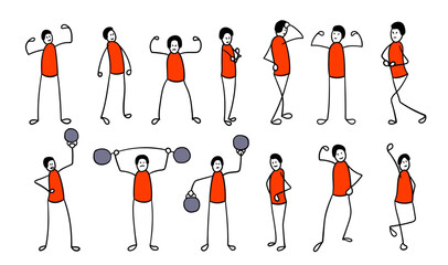 Strong stick man. Man lifting dumbbells. Different poses set.