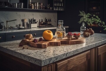 Fototapeta na wymiar Stone quartz kitchen countertop decoration with slab design. Generative AI
