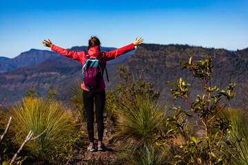 A backpacker girl enjoys the view from the top of Mount Mitchell after a successful hike, Main...