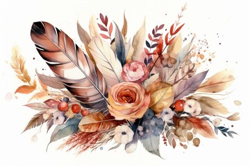 Fototapeta na wymiar Bohemian watercolor bouquet with feathers and decor. Cartoon isolated on white. Generative AI