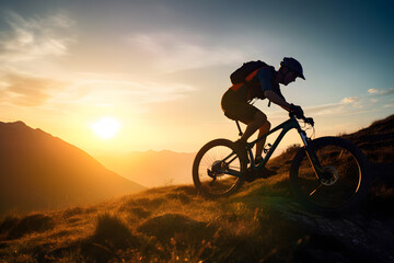 Obraz na płótnie Canvas Mountain biking in sunset, Generative AI