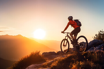 Naklejka na ściany i meble Mountain biking in sunset, Generative AI