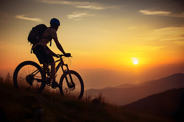Fototapeta na wymiar Mountain biking in sunset, Generative AI