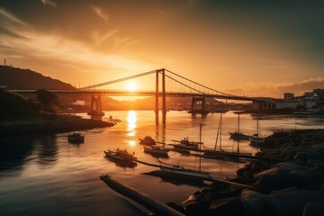 Fototapeta na wymiar Florianopolis sunset over Hercilio Luz bridge in Santa Catarina, Brazil. Generative AI