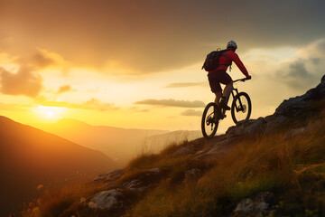 Naklejka premium Mountain biking in sunset, Generative AI