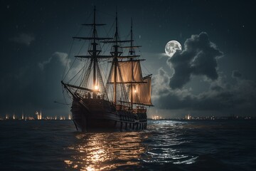 Fototapeta na wymiar A ship on water with lights on sails, under a cloudy sky and full moon with dark background. Generative AI